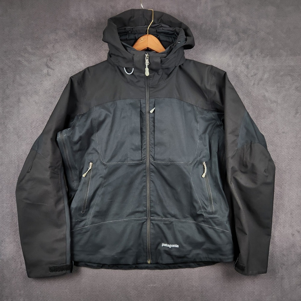 Patagonia Light Smoke Flash Jacket Womens‎ Large Black Hood Full Zip Lined Shell